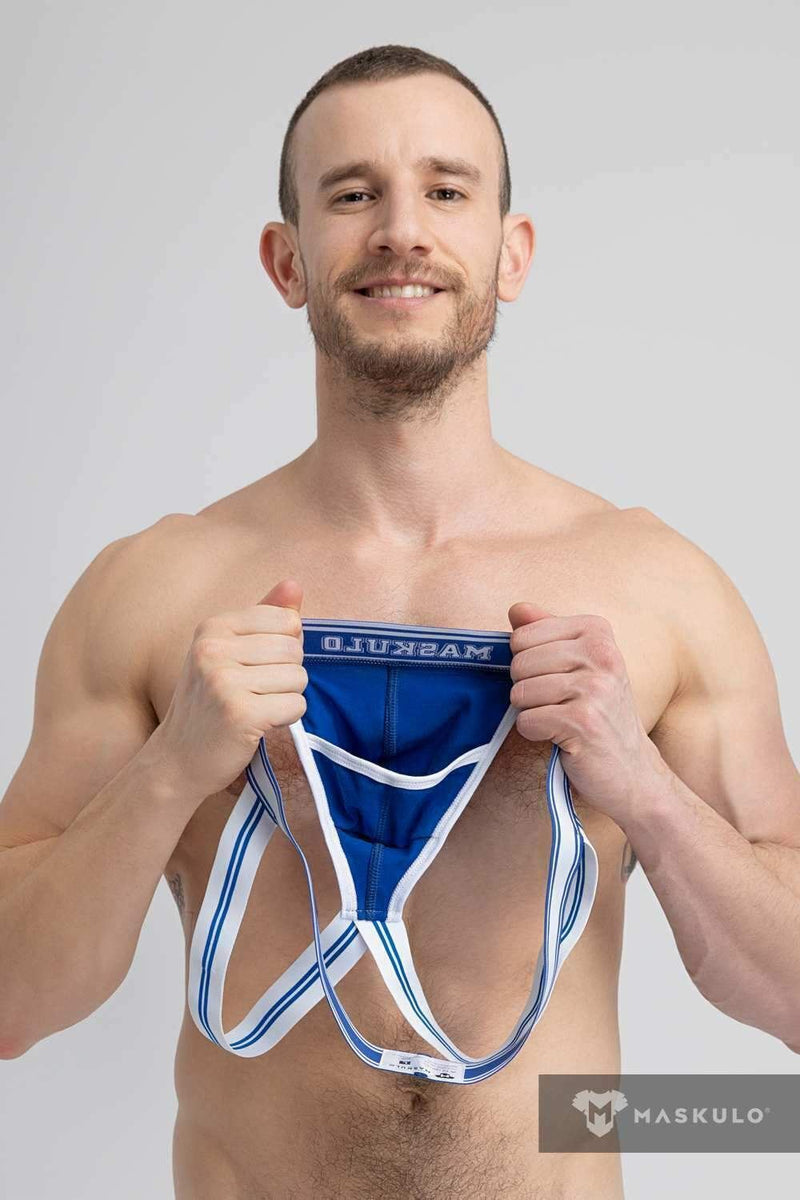 MASKULO College Cotton Jockstraps Two Pockets Codpiece Royal Blue JS161-62 28 - SexyMenUnderwear.com
