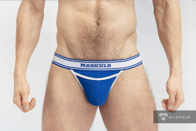 MASKULO College Cotton Jockstraps Two Pockets Codpiece Royal Blue JS161-62 28 - SexyMenUnderwear.com