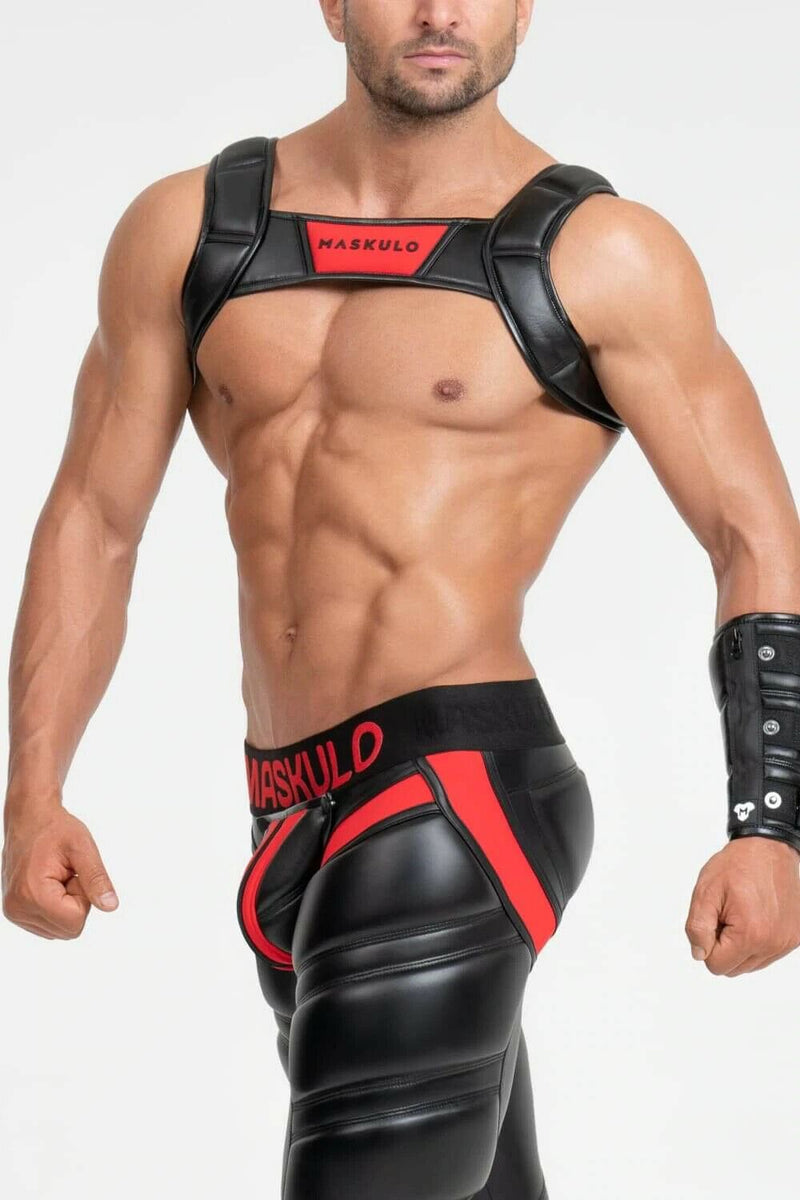MASKULO Harness Bulldog 3D Rubber Logo Ring Snaps Leatherette Piping HR200-10 31 - SexyMenUnderwear.com