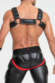 MASKULO Harness Bulldog 3D Rubber Logo Ring Snaps Leatherette Piping HR200-10 31 - SexyMenUnderwear.com