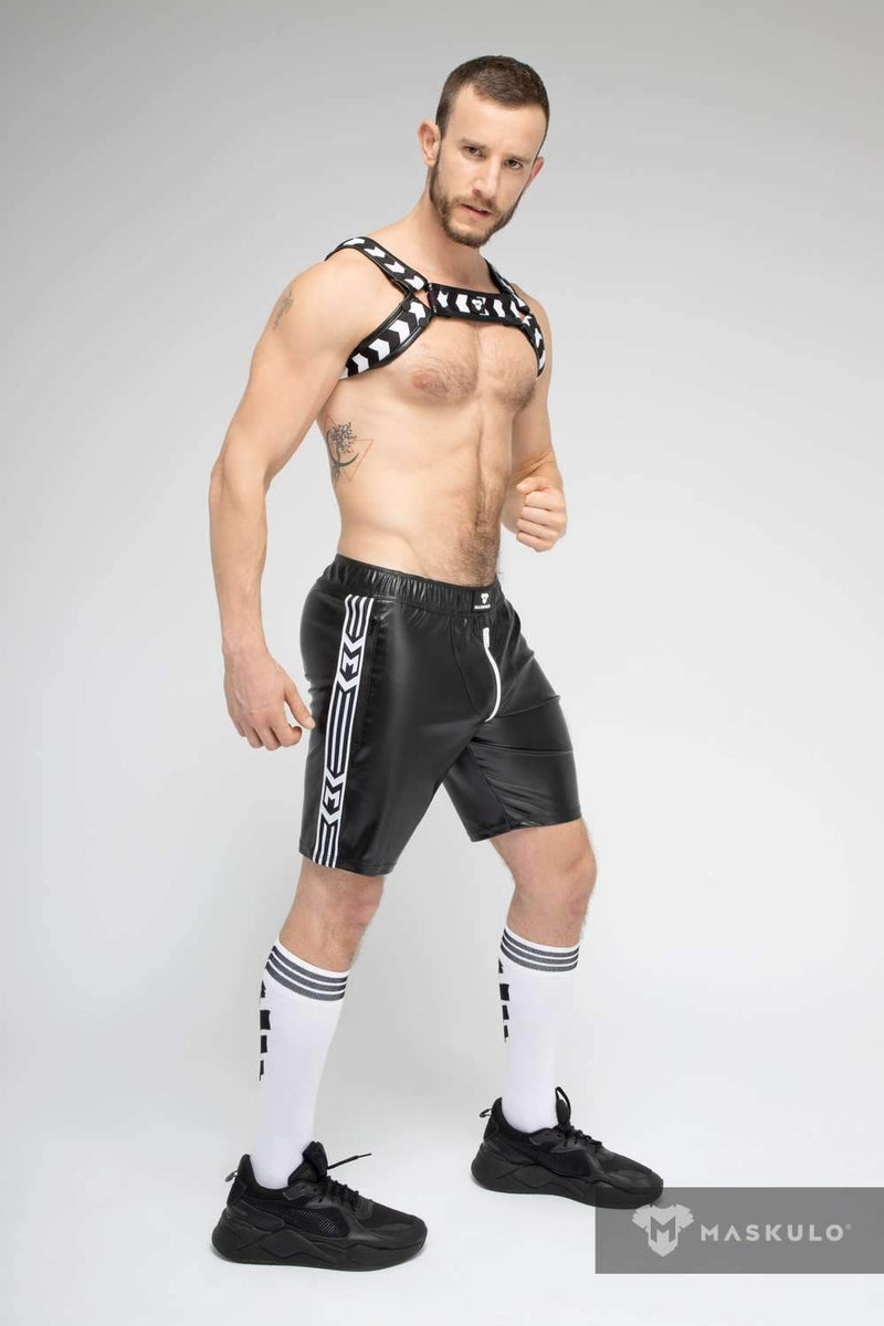 MASKULO Leatherette Soccer Short SKULLA Black & White Football Shorts SH073-80 35 - SexyMenUnderwear.com