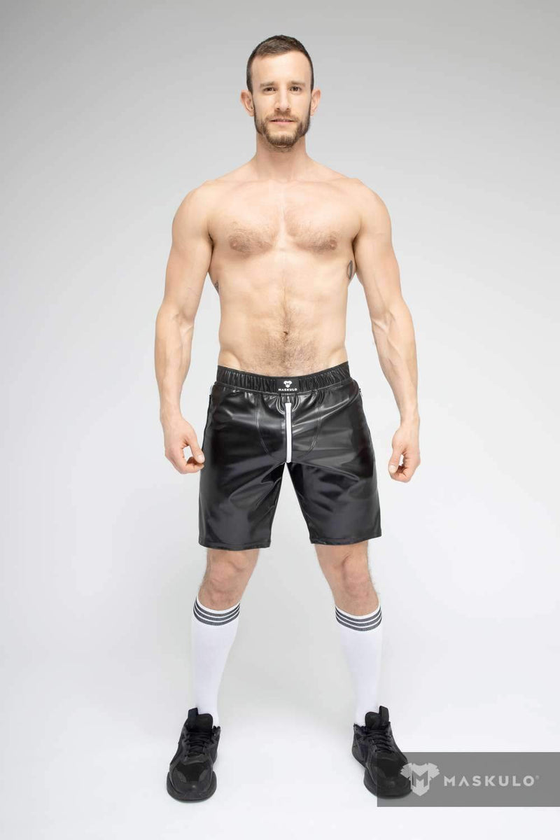 MASKULO Leatherette Soccer Short SKULLA Black & White Football Shorts SH073-80 35 - SexyMenUnderwear.com