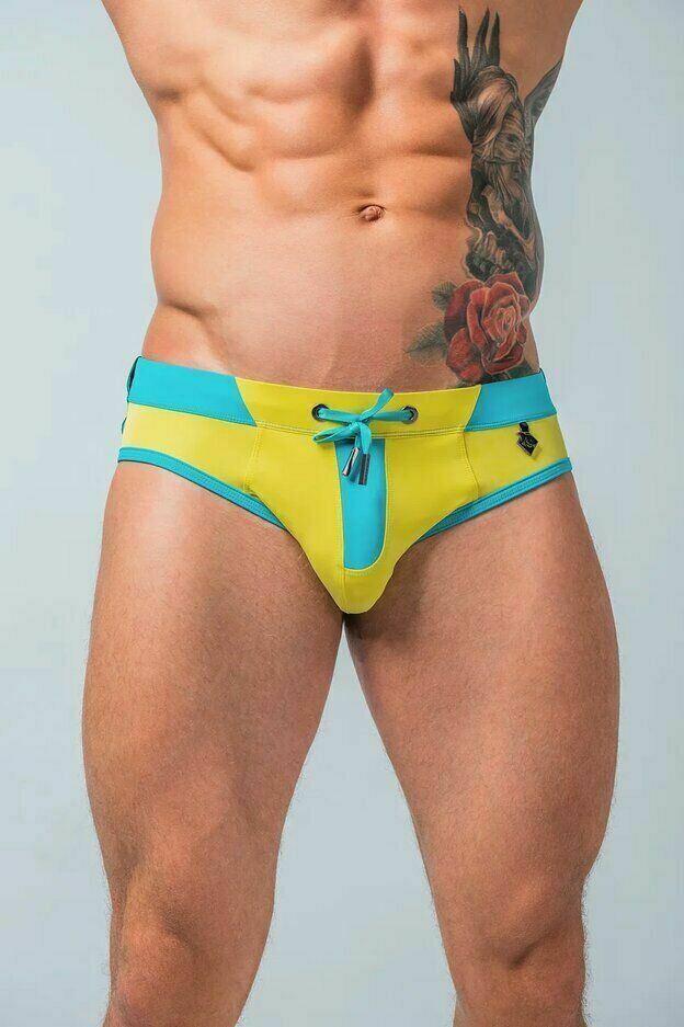 MASKULO Swim-Brief BeGuard Adjustable Swimwear SHARK Glow Yellow SW0806-31 32 - SexyMenUnderwear.com