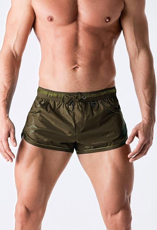 MASKULO Swim-Short BeGuard 3-Pockets Swimwear Foil Piping Olive SW0801-92 33 - SexyMenUnderwear.com