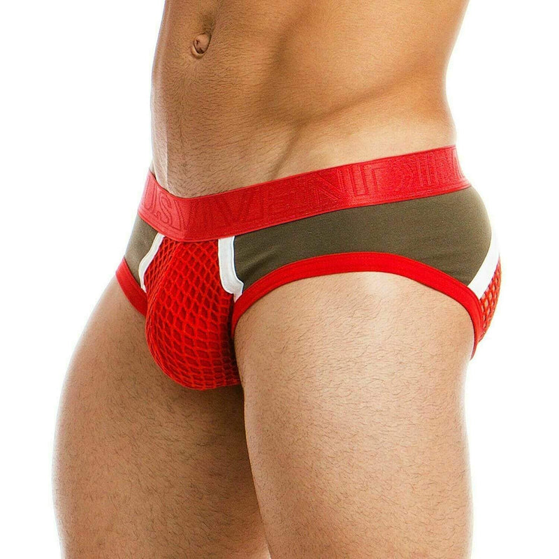 Modus Vivendi Brief Multi C-Through Back Mesh Briefs Khaki-Red 05813 14 - SexyMenUnderwear.com