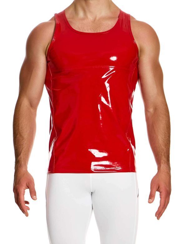 Modus Vivendi Tight Fit Tank Top Viral Vinyl Shiny Glossy Red 08031 - SexyMenUnderwear.com