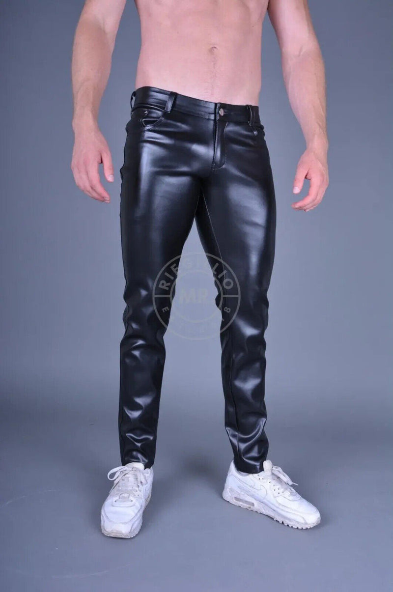 MR. RIEGILLIO 5-Pockets Leather Pants Tapered Fit Vegan Faux Leather All Black 6 - SexyMenUnderwear.com