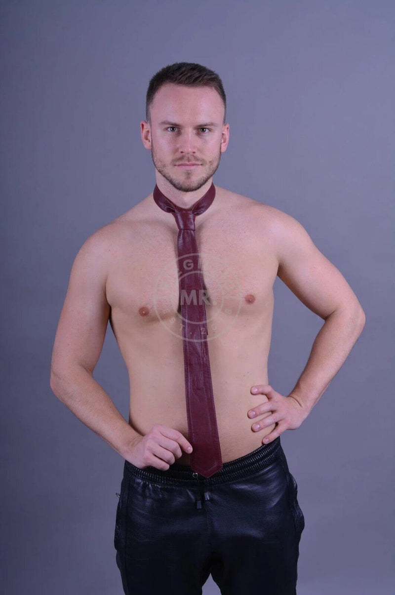 MR. RIEGILLIO Chic Leather Tie Clean Burgundy Red Tie 56'' - SexyMenUnderwear.com