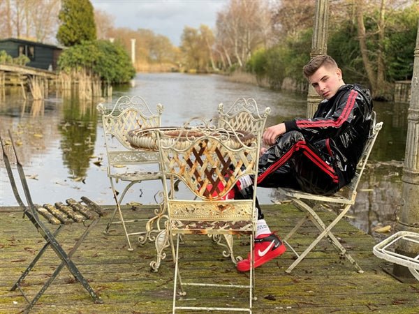 MR. RIEGILLIO PVC Tracksuit Jacket hoodies Drawstring Glossy Black & Red Stripes - SexyMenUnderwear.com