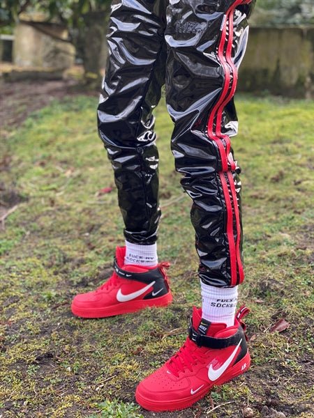 MR. RIEGILLIO PVC Tracksuit Jacket hoodies Drawstring Glossy Black & Red Stripes - SexyMenUnderwear.com