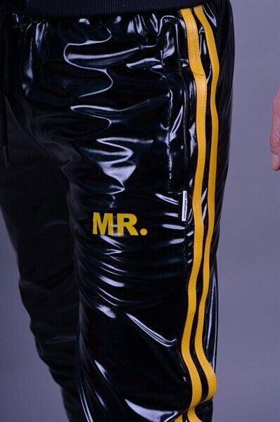 MR. RIEGILLIO PVC Tracksuit Pants With Two Side Pockets & Yellow Stripes 5 - SexyMenUnderwear.com