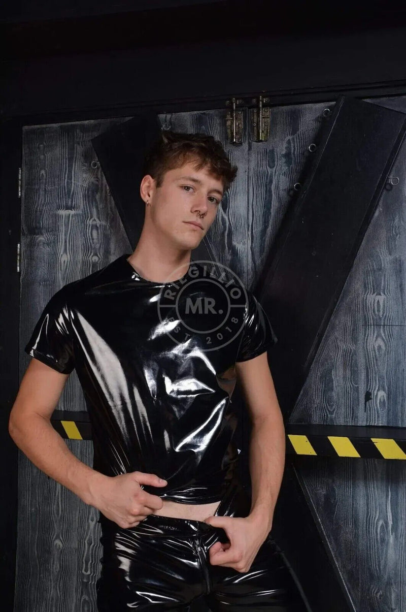 MR. RIEGILLIO Shiny PVC T-Shirt Classic Black - SexyMenUnderwear.com