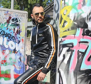 MR. RIEGILLIO Vegan Leather Tracksuit Jacket hoodies Black & Orange Stripes - SexyMenUnderwear.com