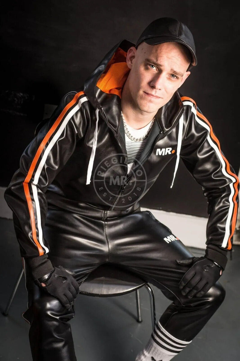 MR. RIEGILLIO Vegan Leather Tracksuit Jacket hoodies Black & Orange Stripes - SexyMenUnderwear.com