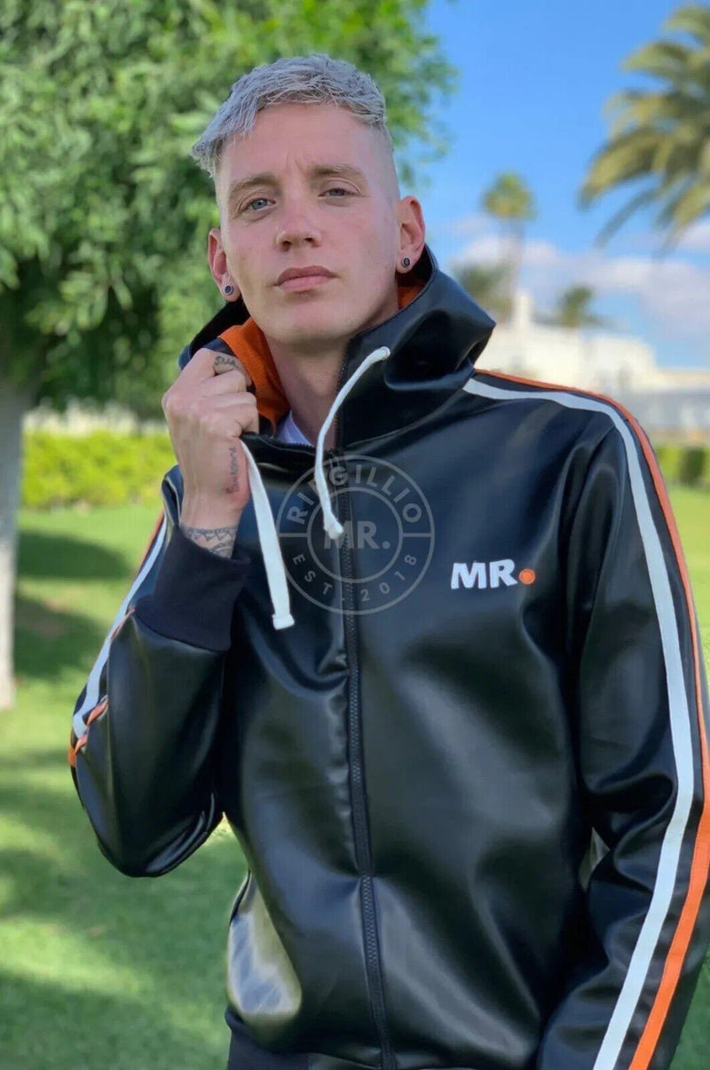 MR. RIEGILLIO Vegan Leather Tracksuit Jacket hoodies Black & Orange Stripes - SexyMenUnderwear.com