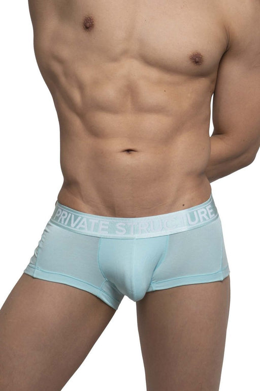 PRIVATE STRUCTURE Bamboo Boxer Sports Trunks Platinum Seamed Pouch Cyan 4073 36 - SexyMenUnderwear.com