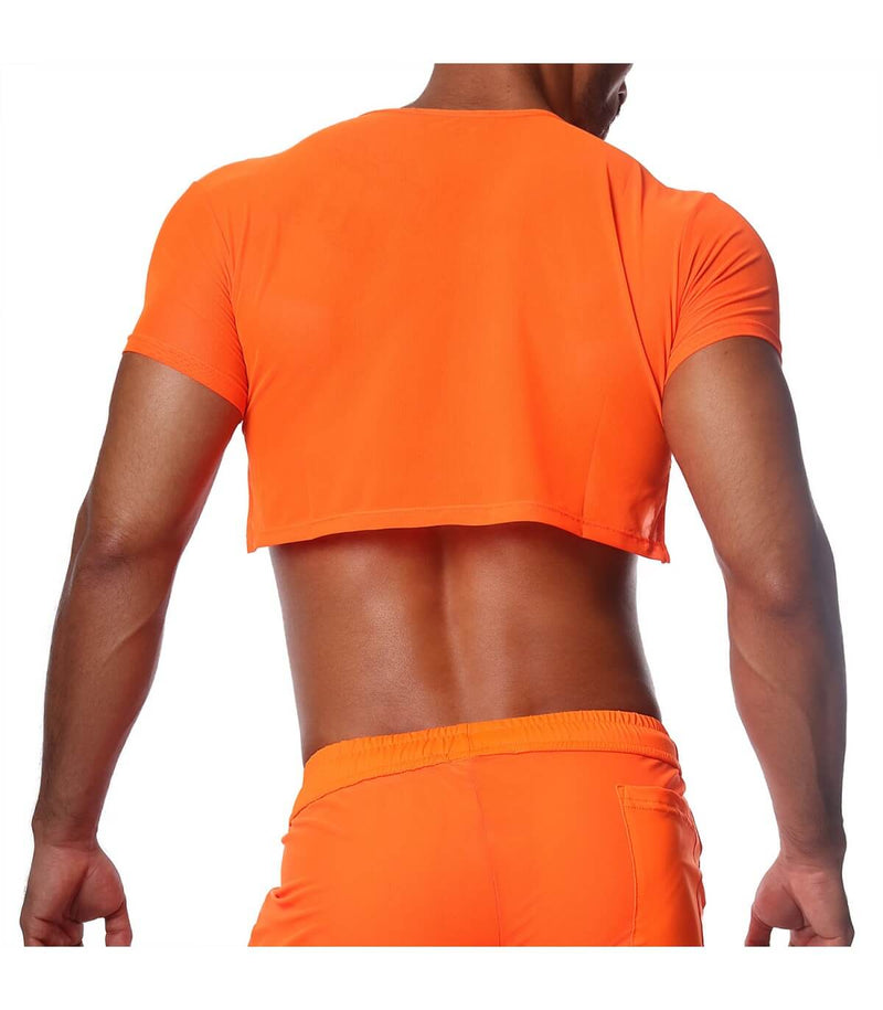 SexyMenUnderwear.com TOF PARIS Crop Top Very Soft Round Collared Shirt Neon Orange 47