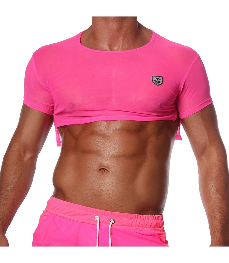 SexyMenUnderwear.com TOF PARIS Crop Top Very Soft Round Collared Shirt Neon Pink 47