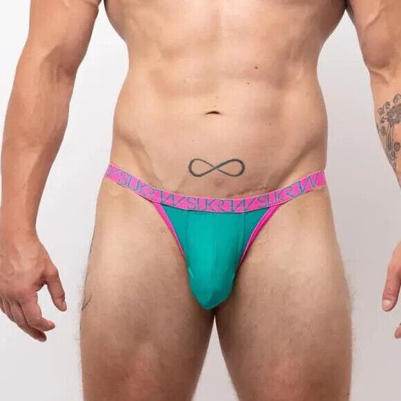 SUKREW Bubble Thongs With Rounded Cupping Pouch Shiny Green/Pink Thong 44