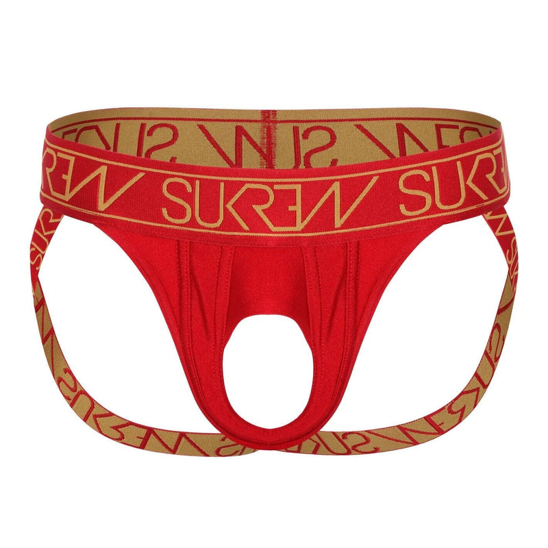 SUKREW U-Style Jockstrap With Oval Front Hole Low-Rise Jock Front Shiny Ruby 43