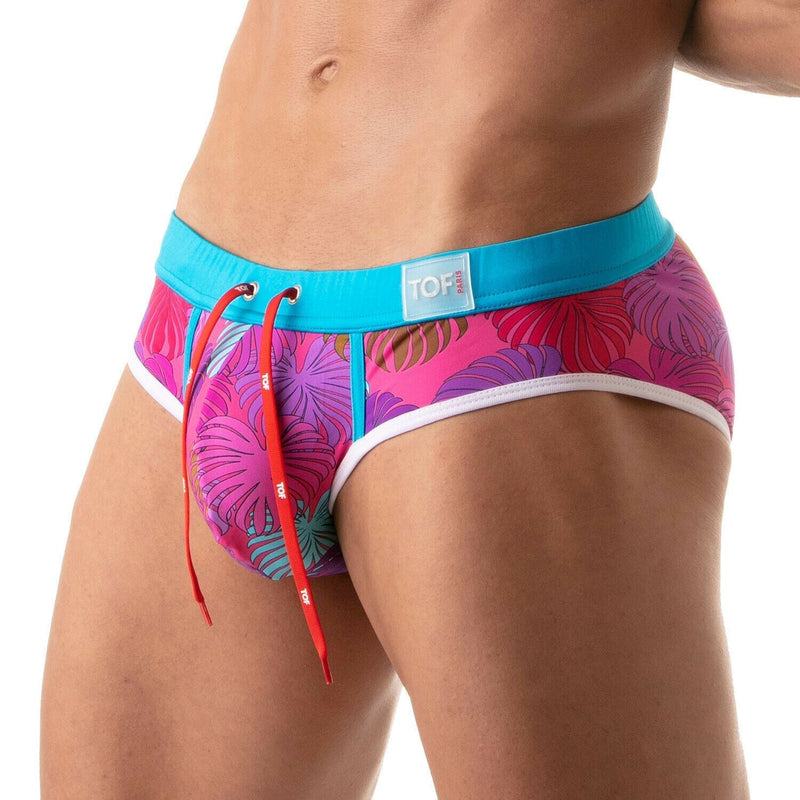 TOF PARIS Drawstring Swim-Brief Floral Pocket Lined Pouch Pink Swimwear