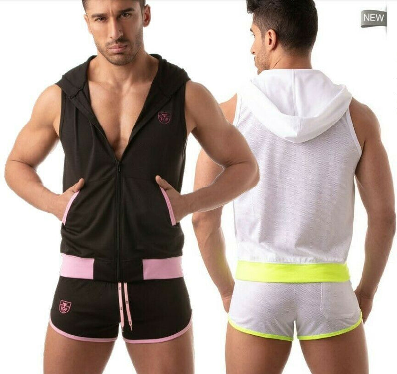 TOF PARIS Mesh Sleeveless Hoodie Light Vest Jacket Tank 2Deep Pockets Black 6