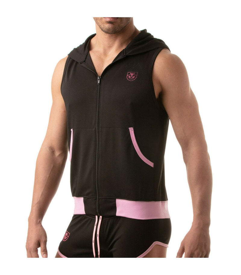 TOF PARIS Mesh Sleeveless Hoodie Light Vest Jacket Tank 2Deep Pockets Black 6