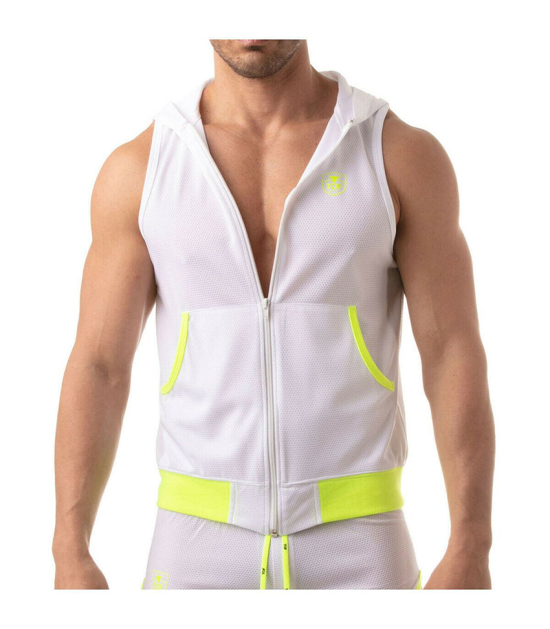 TOF PARIS Mesh Sleeveless Hoodie Light Vest Jacket Tank 2Deep Pockets White 6