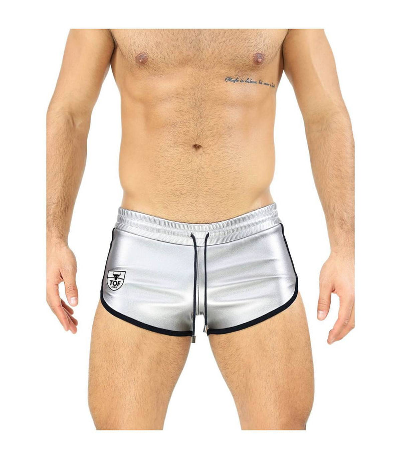 TOF PARIS Slim Fit Short Shiny Silver Leather-Fabric 58