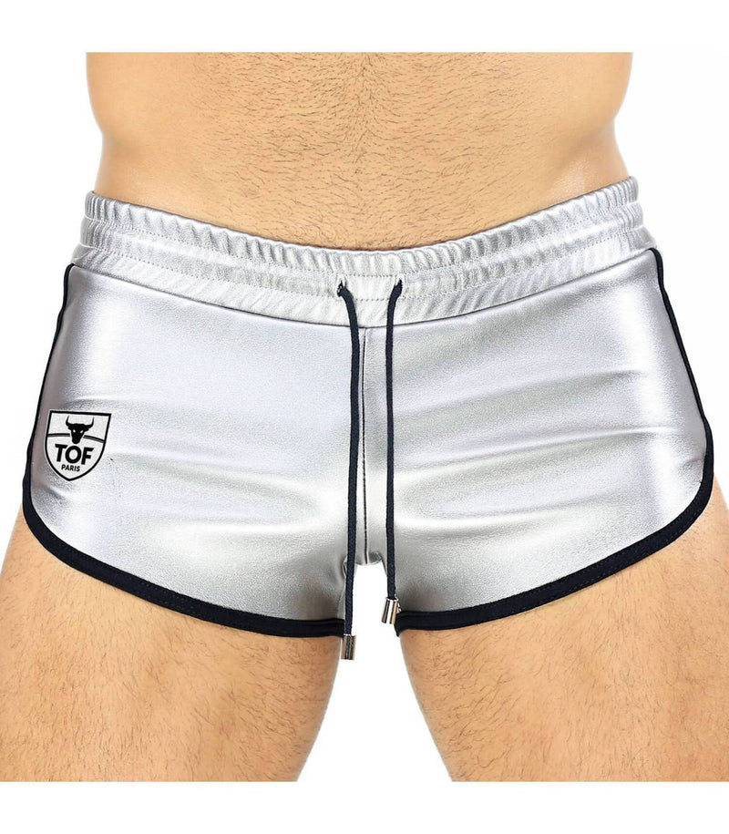 TOF PARIS Slim Fit Short Shiny Silver Leather-Fabric 58