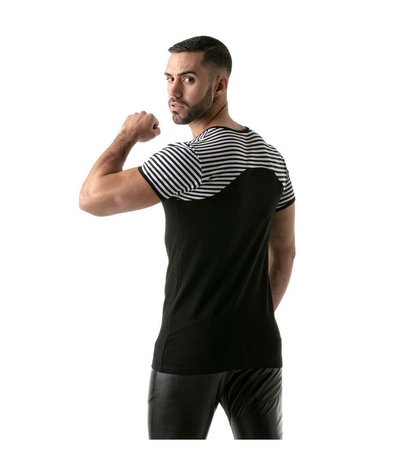 ''TOF PARIS'' T-Shirt Half-Striped Cotton Jersay Casual Modern Style Black 22 - SexyMenUnderwear.com