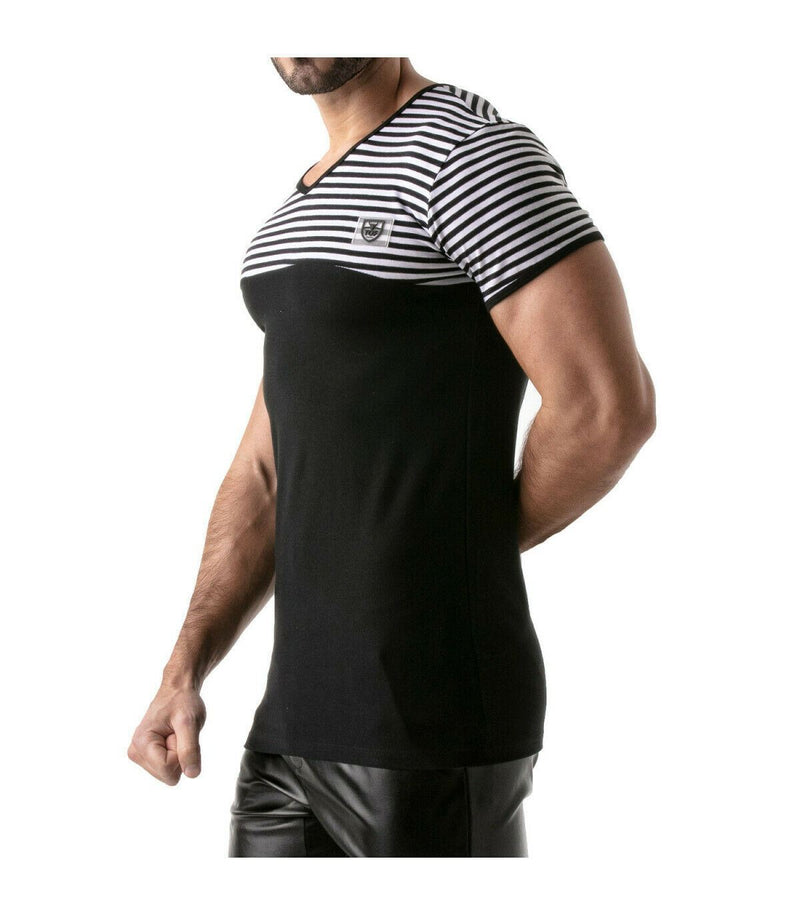 ''TOF PARIS'' T-Shirt Half-Striped Cotton Jersay Casual Modern Style Black 22 - SexyMenUnderwear.com