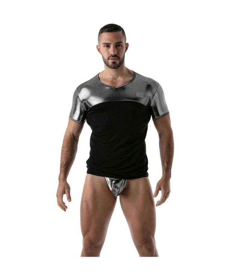TOF PARIS T-Shirt Metal Lurex Edging Half-Cotton Half-Metallic Silver